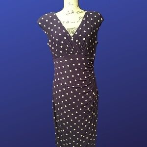 LAUREN RALPH LAUREN Empire Ruched CAP SLEEVE Dress, PURPLEw/NUDE Polka Dots,10
